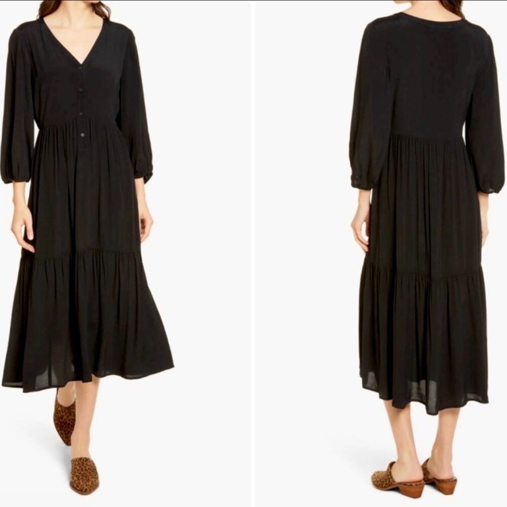 Chelsea28 Black Tiered Tea Length Dress with 3/4 Sleeves, Size XS